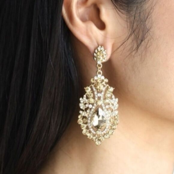 Sophia Grace Austrian Crystal Bridal Gold Tear Drop Earrings Art Deco Chandelier - Picture 1 of 12